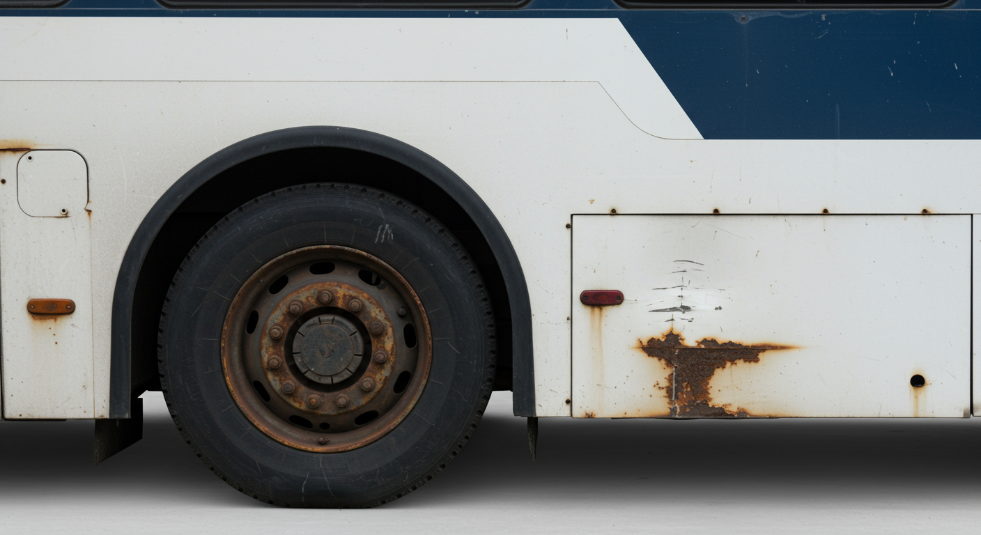 An old public transit bus showing visible rust and dents, representing the aging fleet.