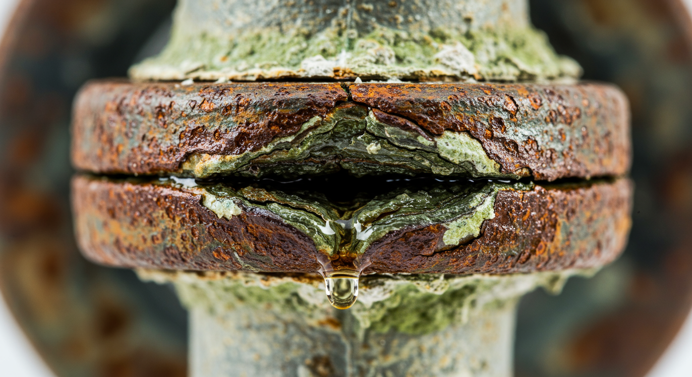 A corroded industrial pipe joint, showing visible signs of rust and leakage.