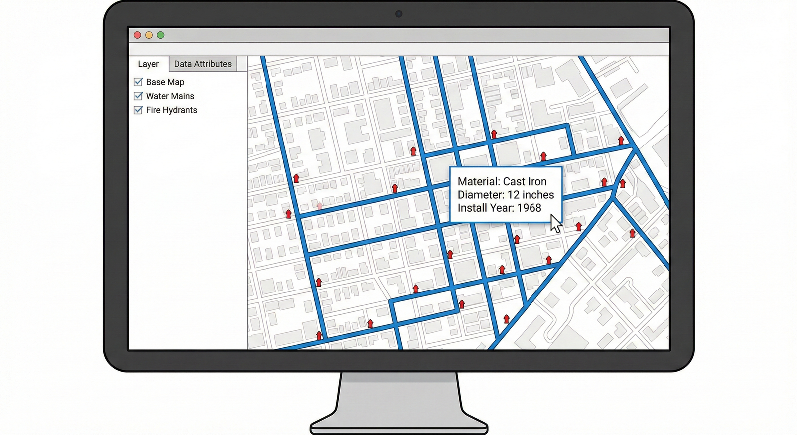 A GIS map showing water pipes and fire hydrants layered over a city street grid.