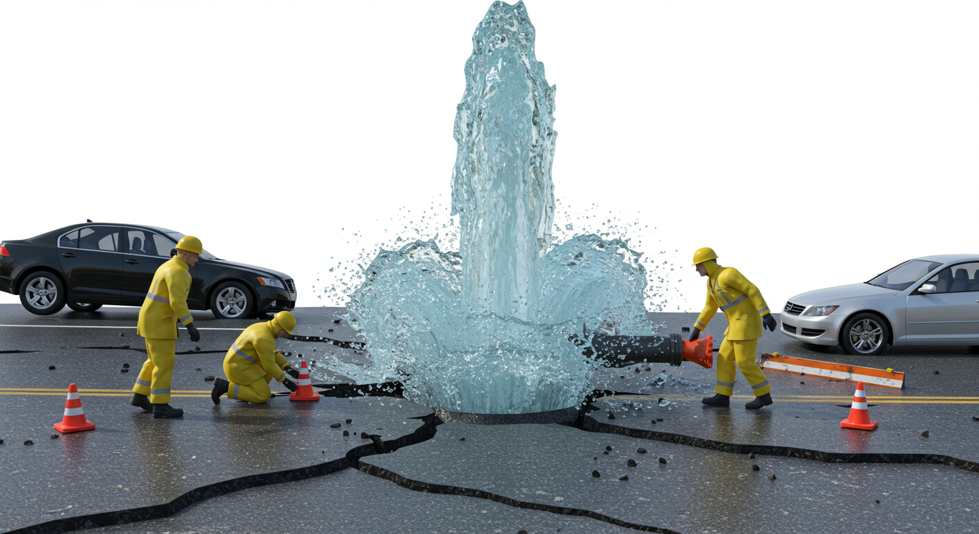 A burst water main causing flooding and traffic disruption on a city street, illustrating a reactive maintenance crisis.