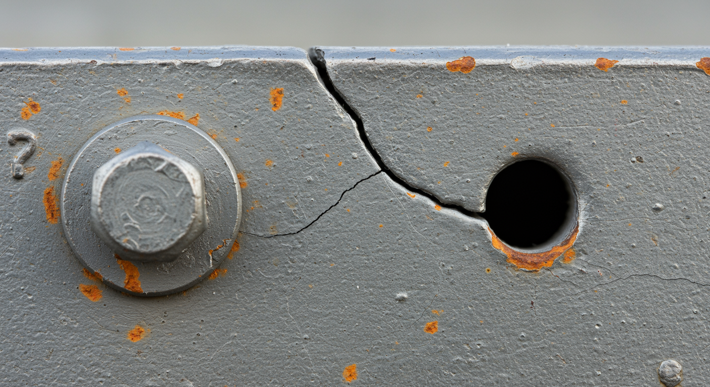A close-up photo of a steel gusset plate on a bridge, showing a clear fatigue crack starting at a bolt hole and propagating outwards.