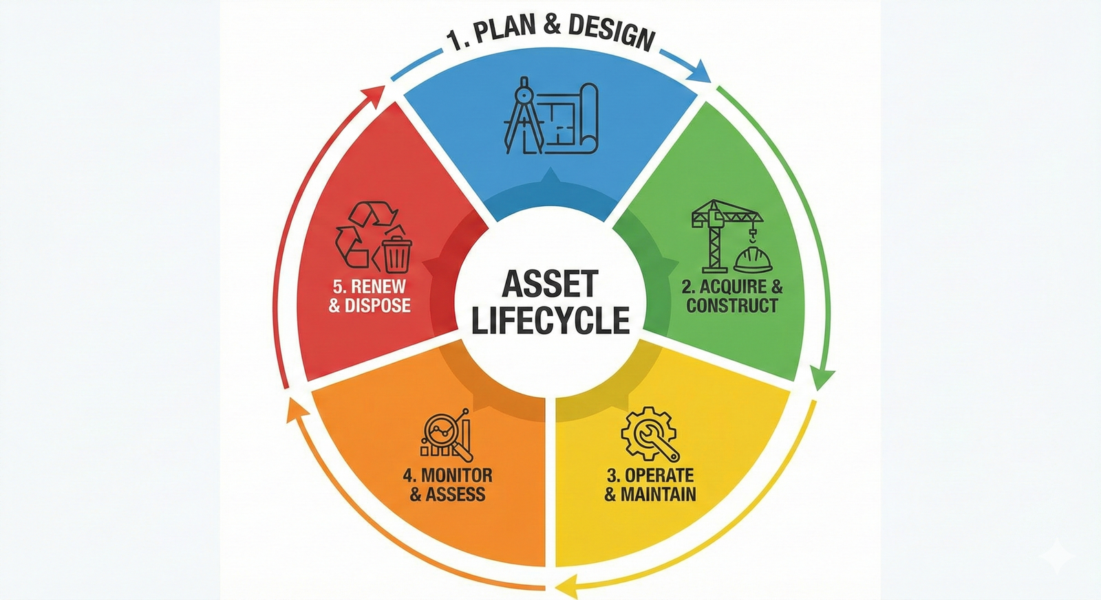 A circular diagram showing the five stages of the asset lifecycle: Plan, Acquire, Operate, Assess, and Renew/Dispose.