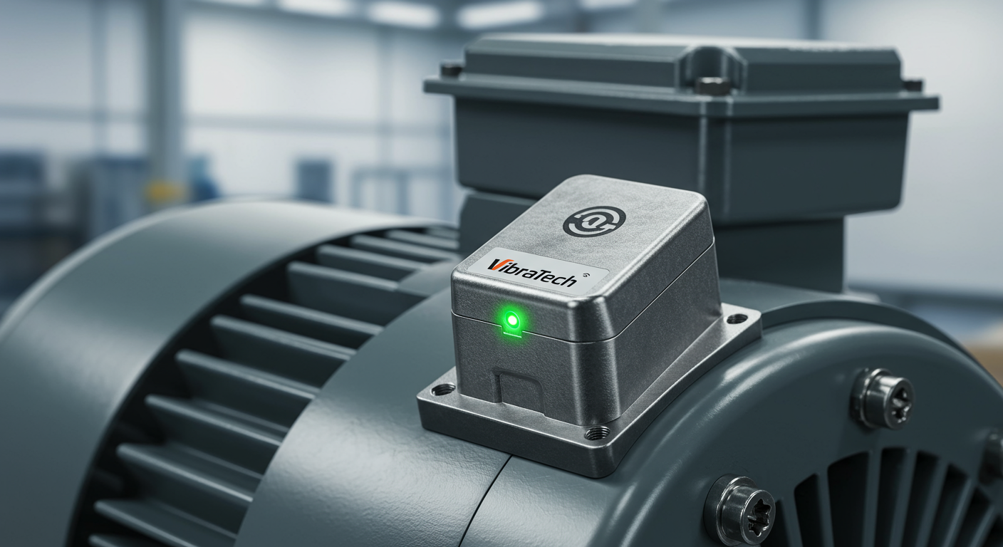 A modern wireless vibration sensor attached to an industrial motor.