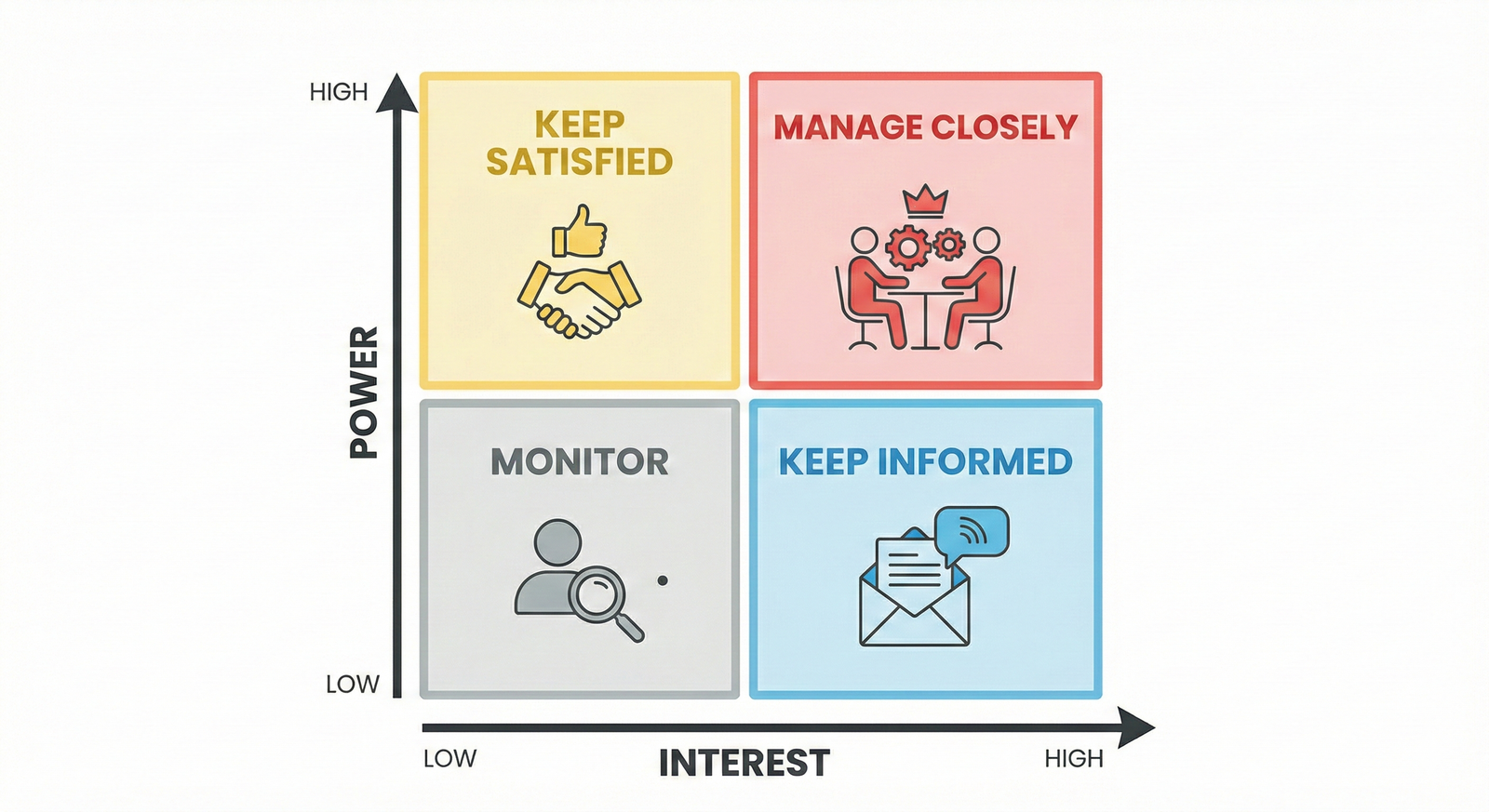 A 2x2 grid explaining stakeholder management. The vertical axis represents power, and the horizontal axis represents interest. The four resulting quadrants are labeled Monitor, Keep Informed, Keep Satisfied, and Manage Closely.