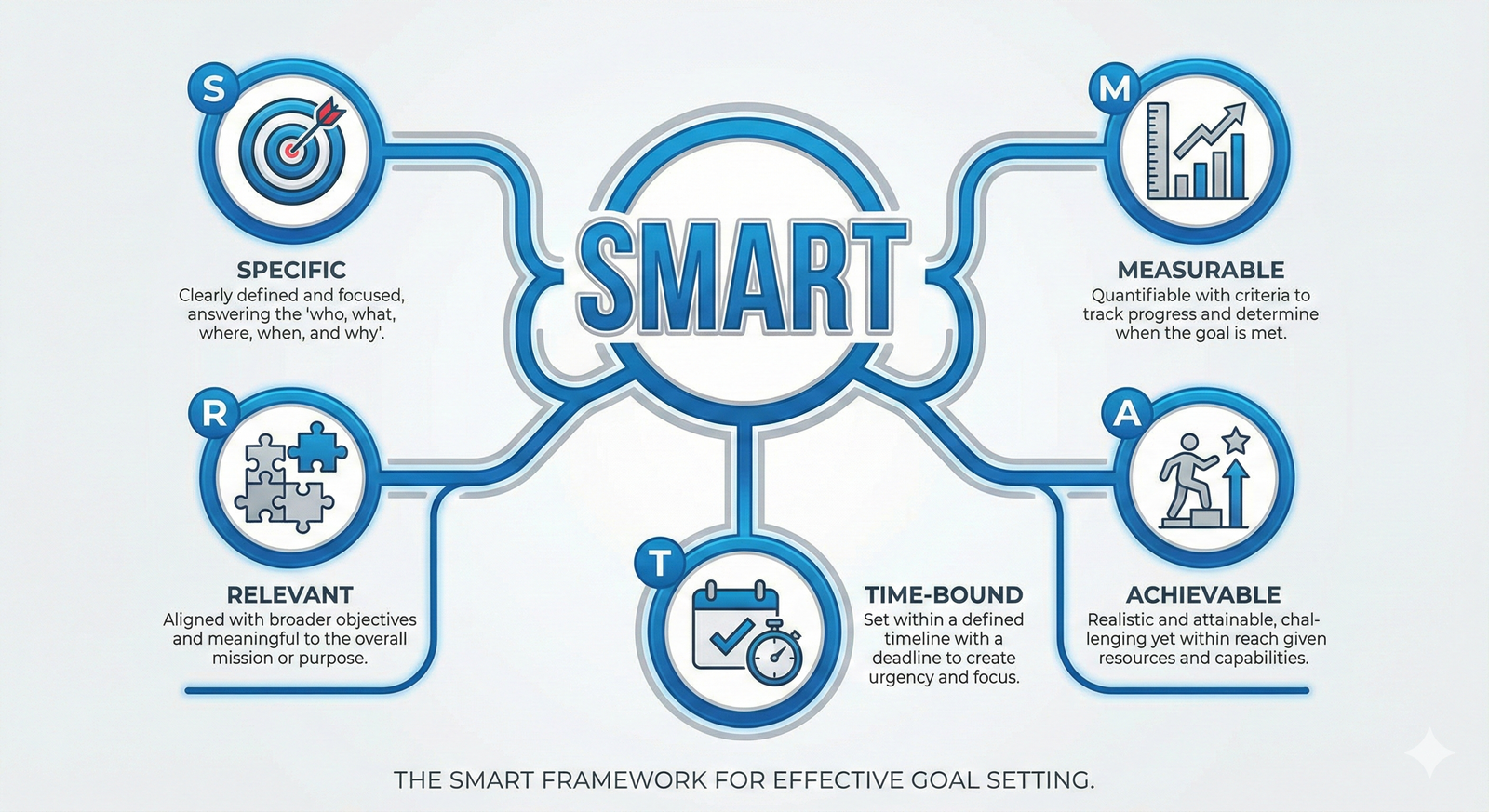 An infographic explaining the SMART framework. Specific: State exactly what you want to accomplish. Measurable: How will you demonstrate and evaluate the extent to which the goal has been met? Achievable: Is the goal within your power to accomplish? Relevant: How does the goal tie into your key responsibilities? Time-bound: When will you achieve this goal?