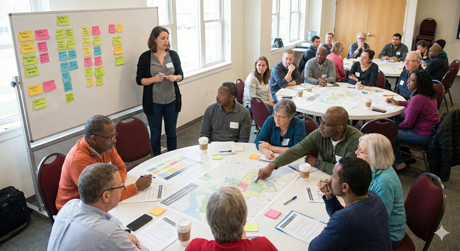 A photograph of a typical stakeholder consultation workshop, showing community members actively participating in the planning process.