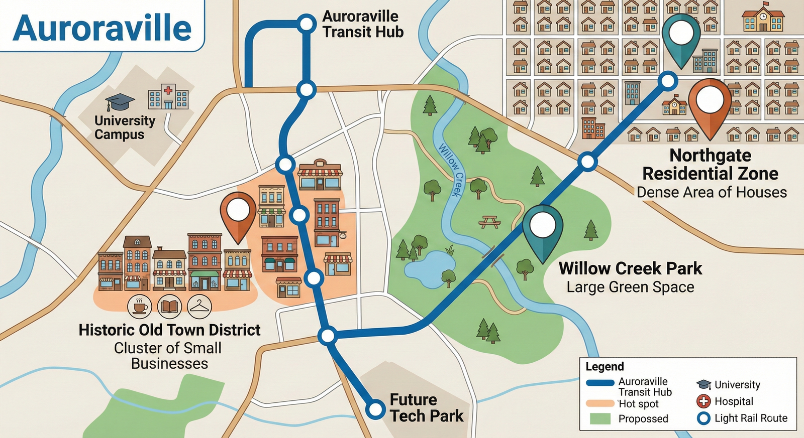 A map showing the proposed Greenway light rail route, highlighting conflict zones in the Old Town District, Willow Creek Park, and the Northgate Residential Zone.