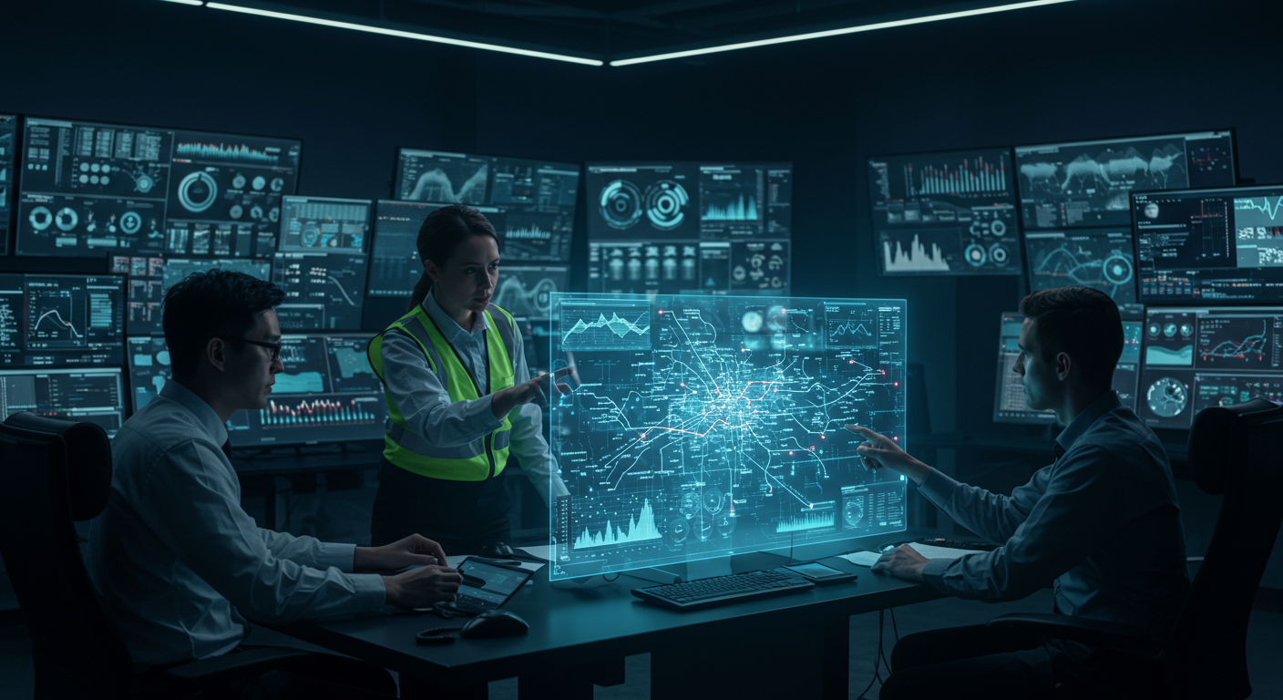 A team of asset management professionals analyzing a power grid on a large digital display in a control room.
