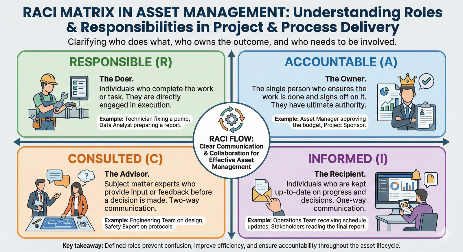An infographic explaining the RACI model, with four quadrants for Responsible, Accountable, Consulted, and Informed, each with a simple icon.