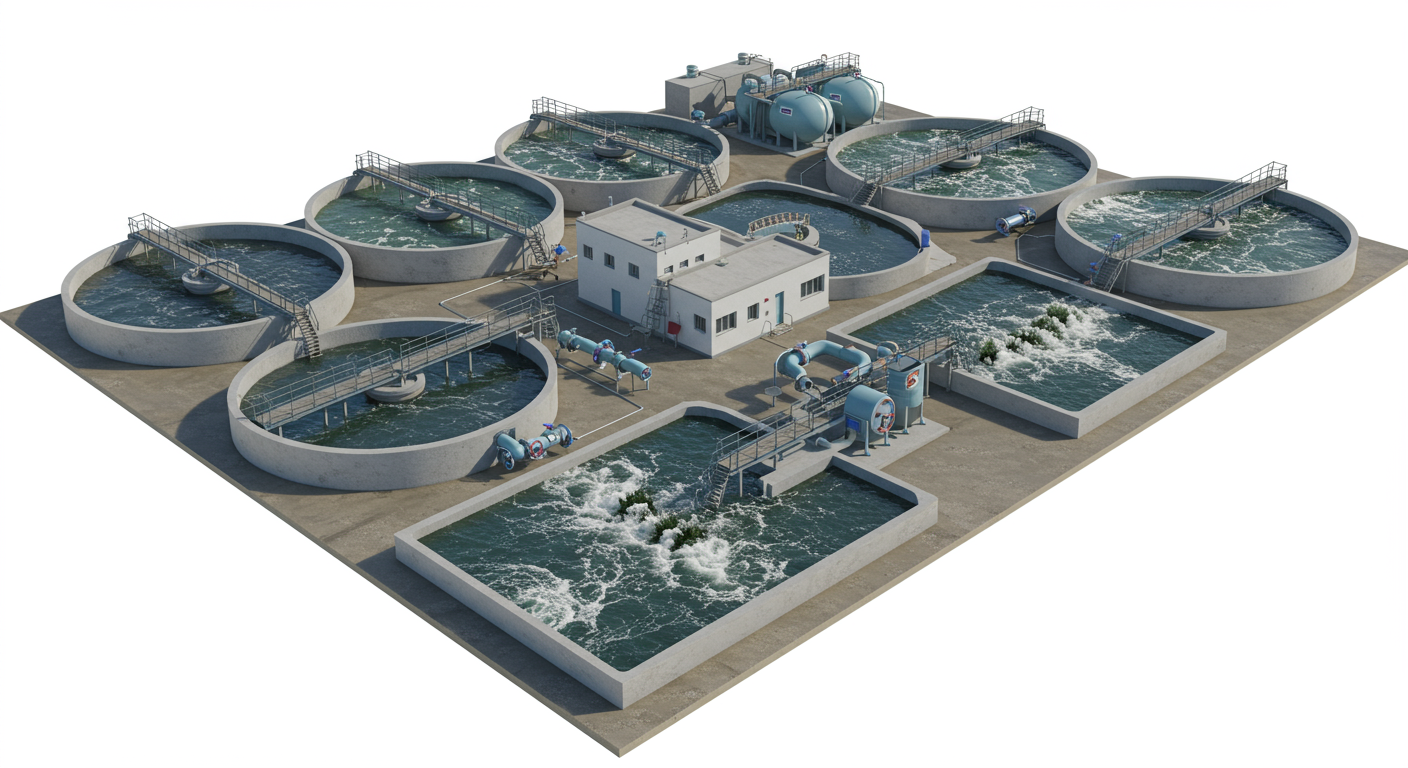A large and complex water treatment plant with many interconnected systems, illustrating the need for a clear scope in an asset management policy.