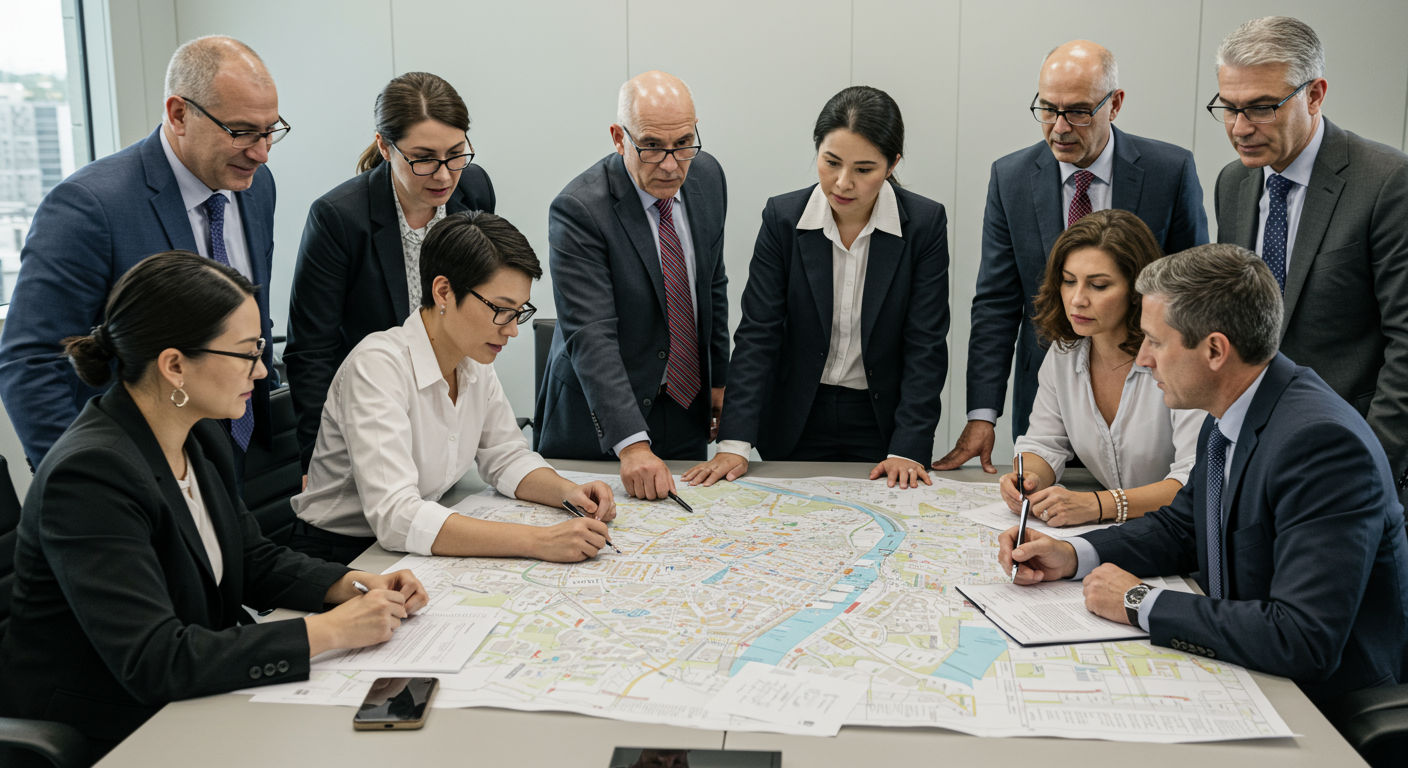 A group of diverse professionals in a meeting room discussing infrastructure plans.