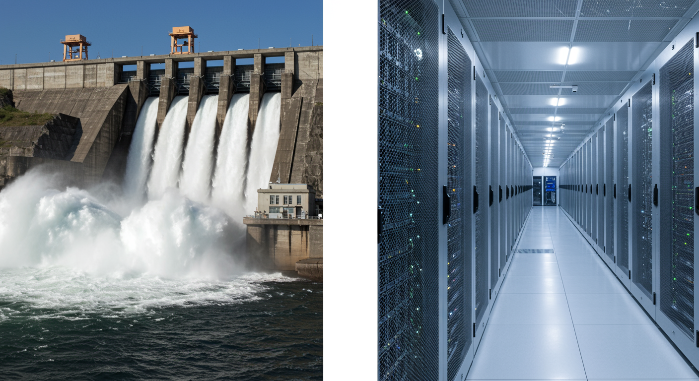 A split image showing a hydroelectric dam on one side and a server room on the other, illustrating two very different types of assets that require customized risk management approaches.