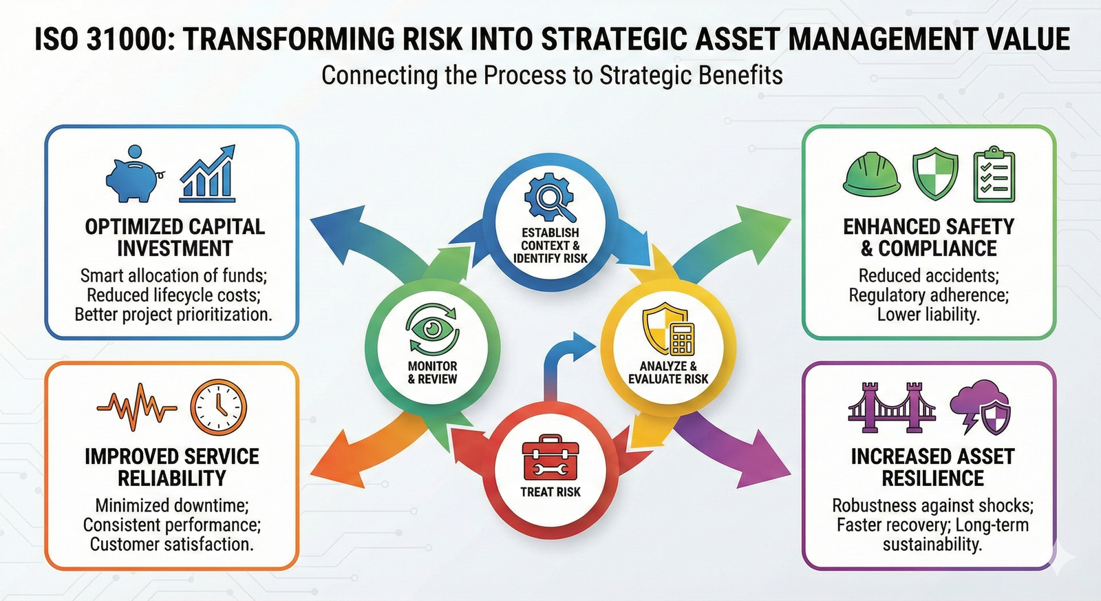 An infographic showing the connection between the ISO 31000 risk process and key business values in asset management.