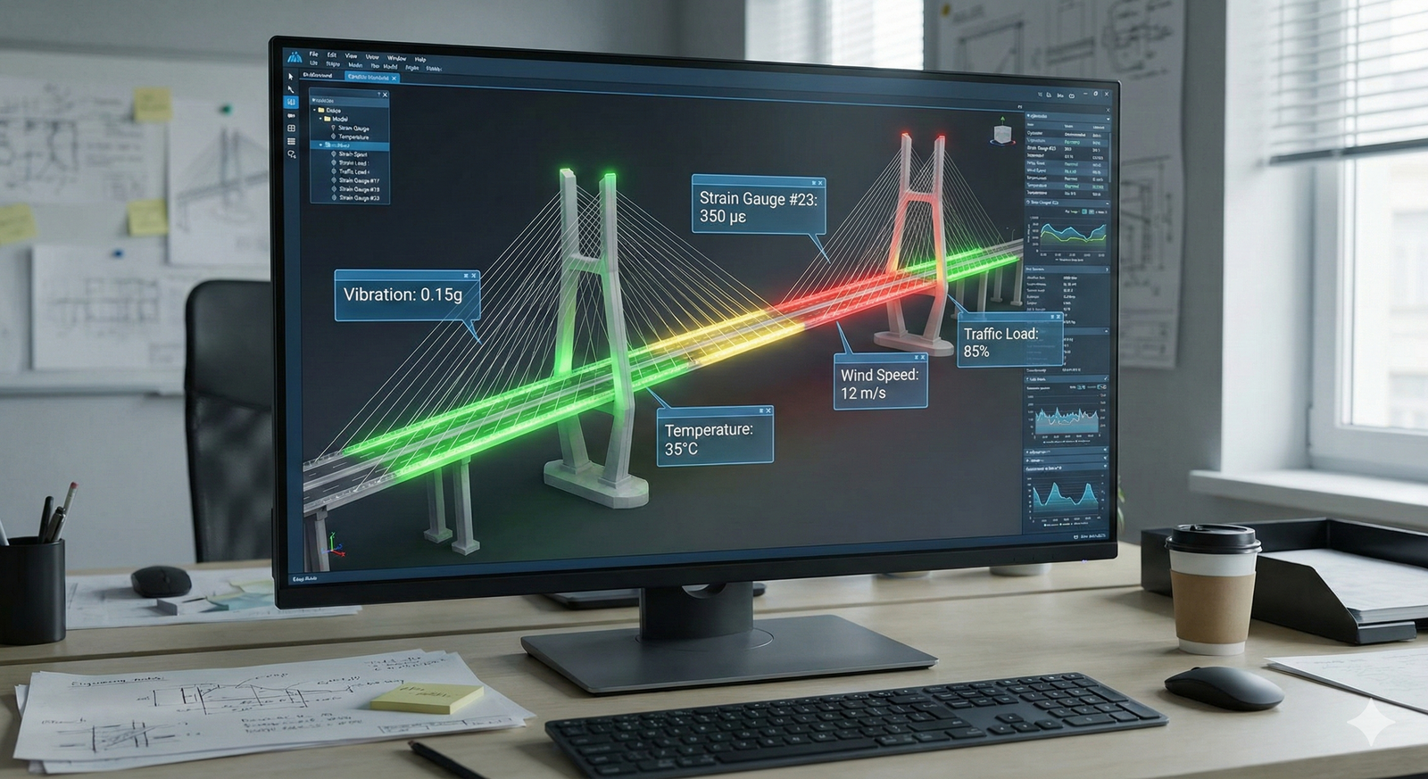 A digital twin of a bridge on a computer screen, showing the 3D model overlaid with color-coded stress data and real-time sensor readings.