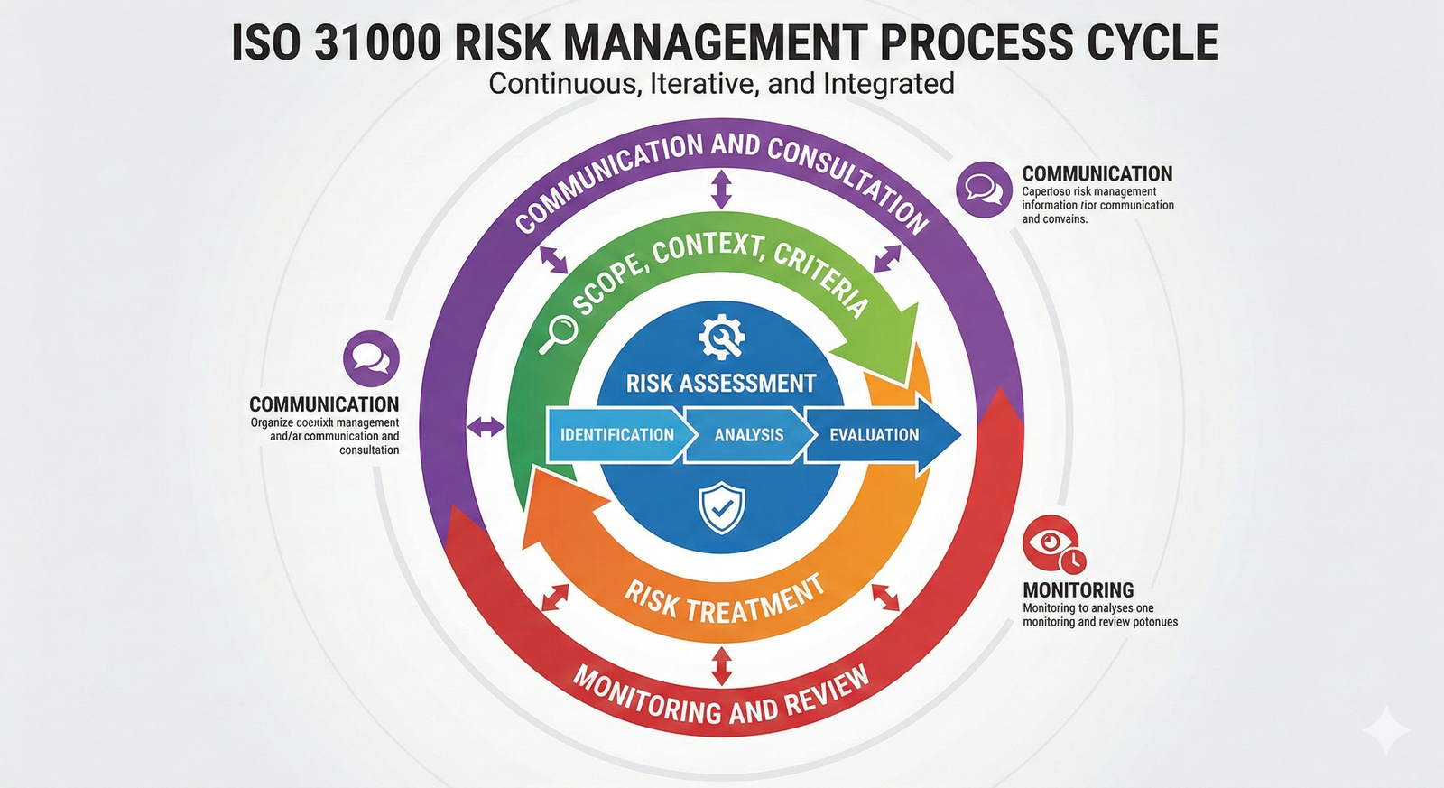 A circular diagram showing the steps of the ISO 31000 risk management process, emphasizing its continuous and iterative nature.