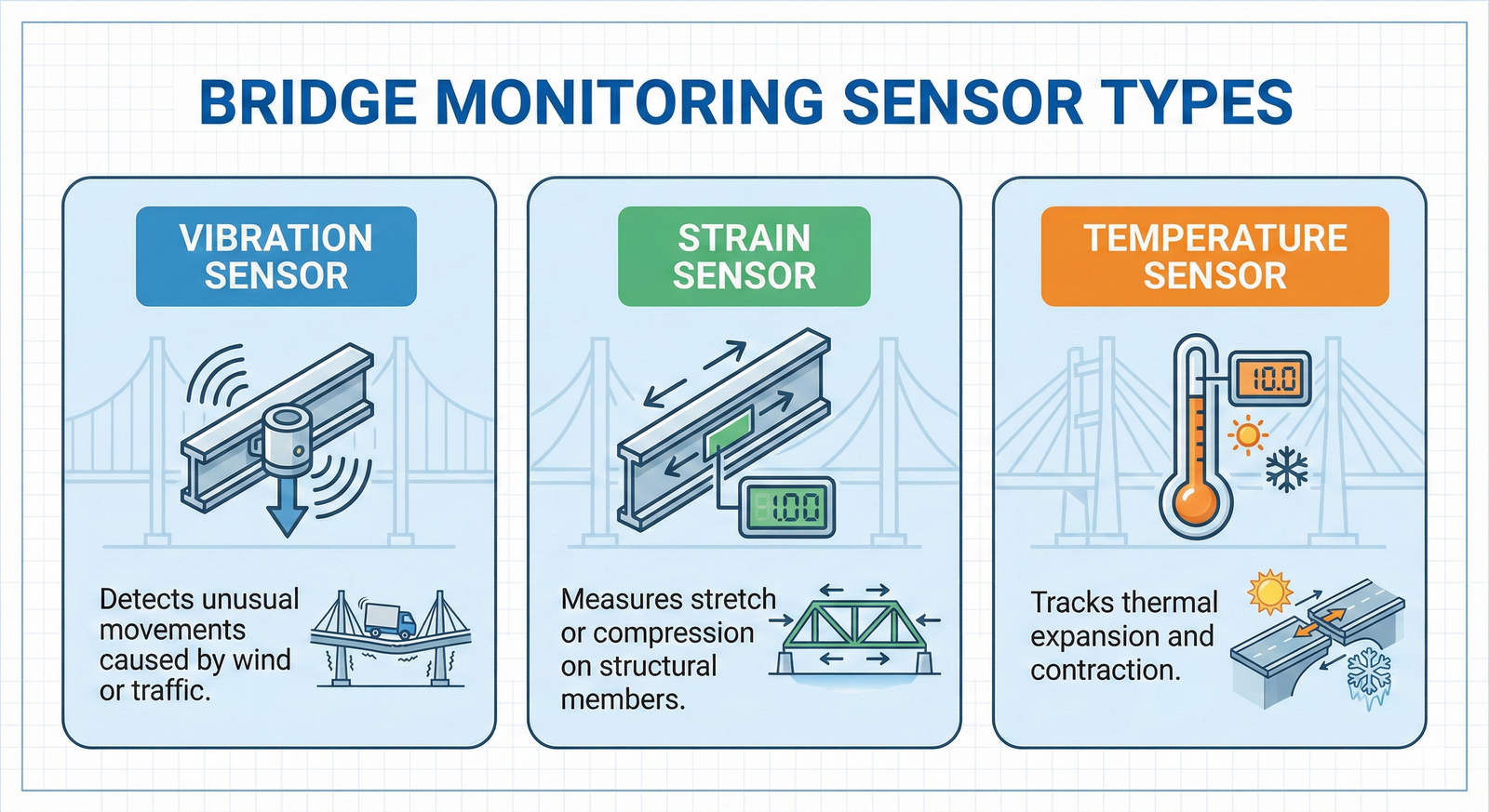 Infographic explaining the function of vibration, strain, and temperature sensors on a bridge.
