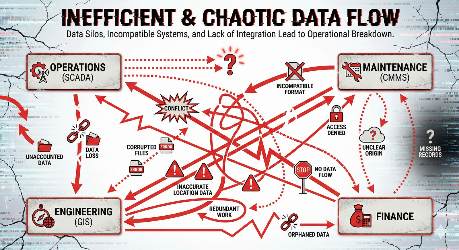 A diagram showing the chaotic flow of data between Operations, Maintenance, Engineering, and Finance departments. Tangled and broken arrows indicate a lack of integration and data loss.