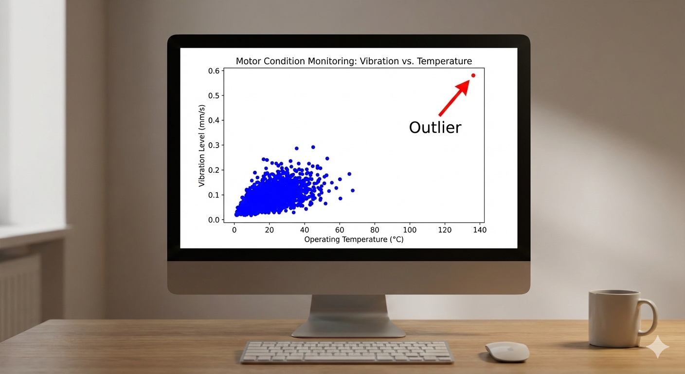 A scatter plot demonstrating a data outlier, which is a single point far removed from the main group of data points.