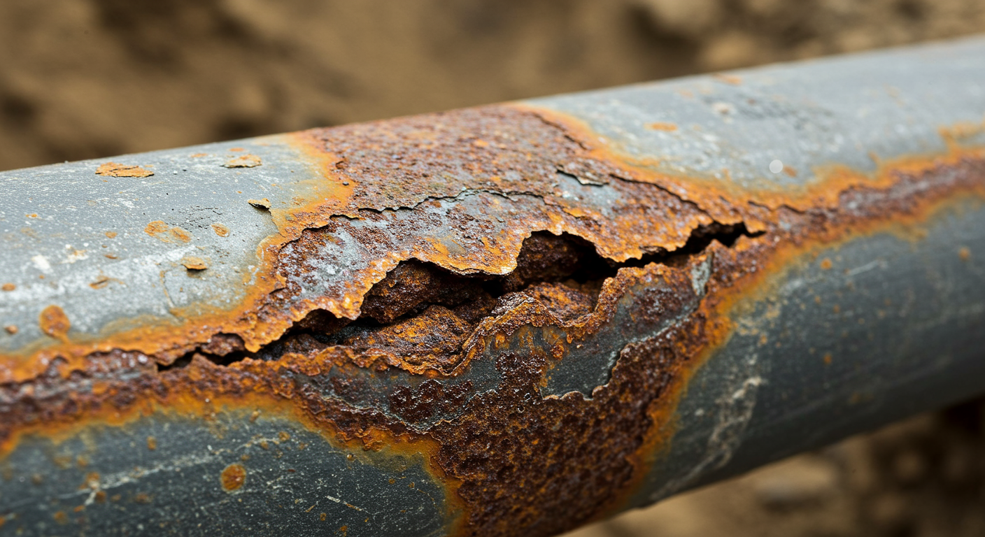 A close-up photo of a corroded section of a steel pipeline, showing the real-world degradation that asset models aim to predict.