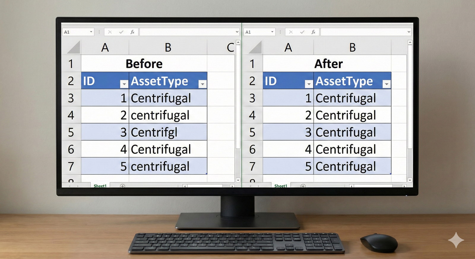 A before-and-after view of a data column, showing inconsistent text entries being standardized to a single format.