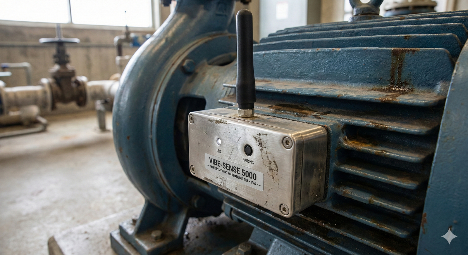 A modern wireless vibration sensor mounted on an industrial pump.