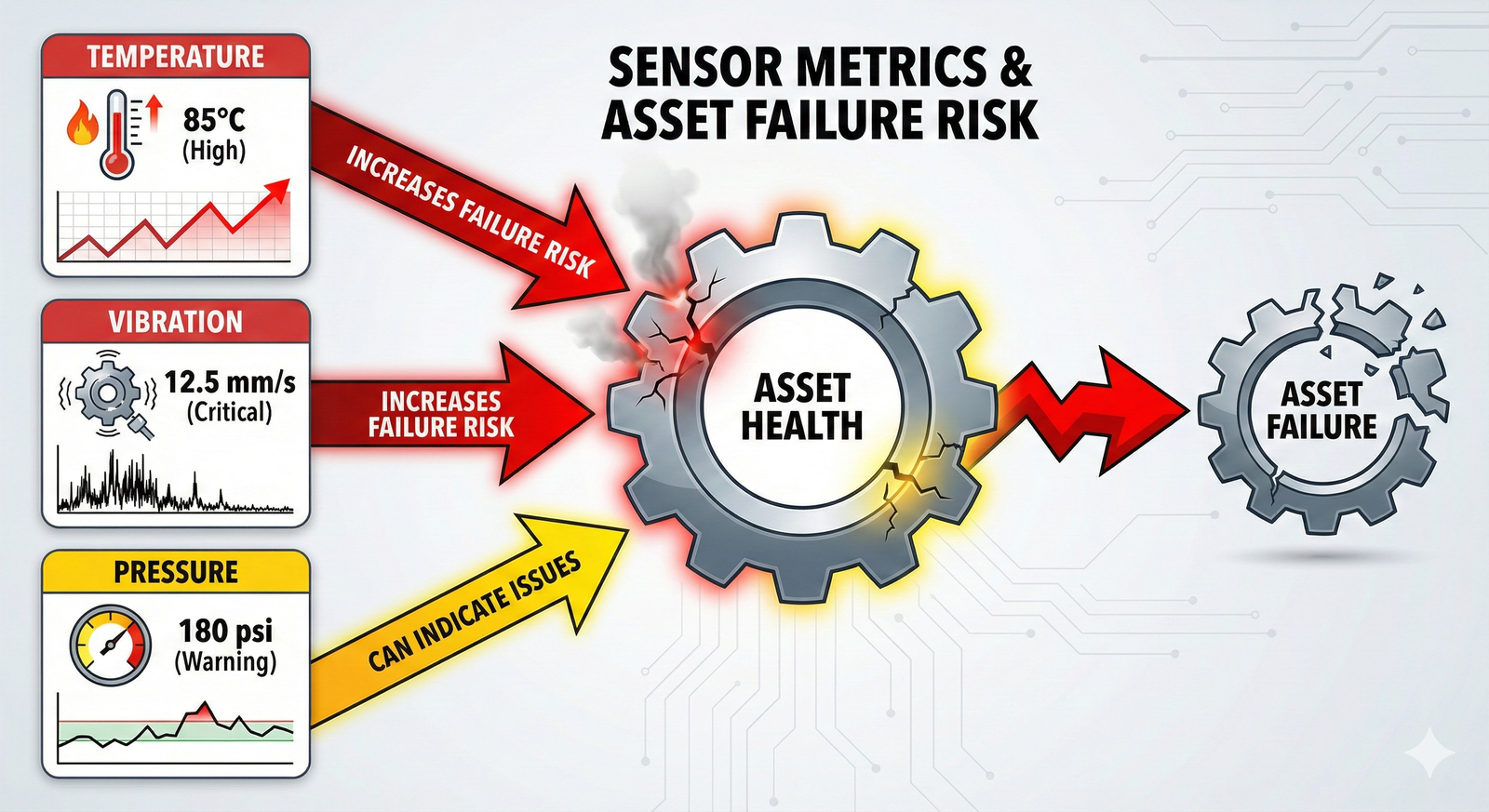 A diagram showing that increased temperature and vibration raise failure risk, while pressure changes can also indicate asset health issues.