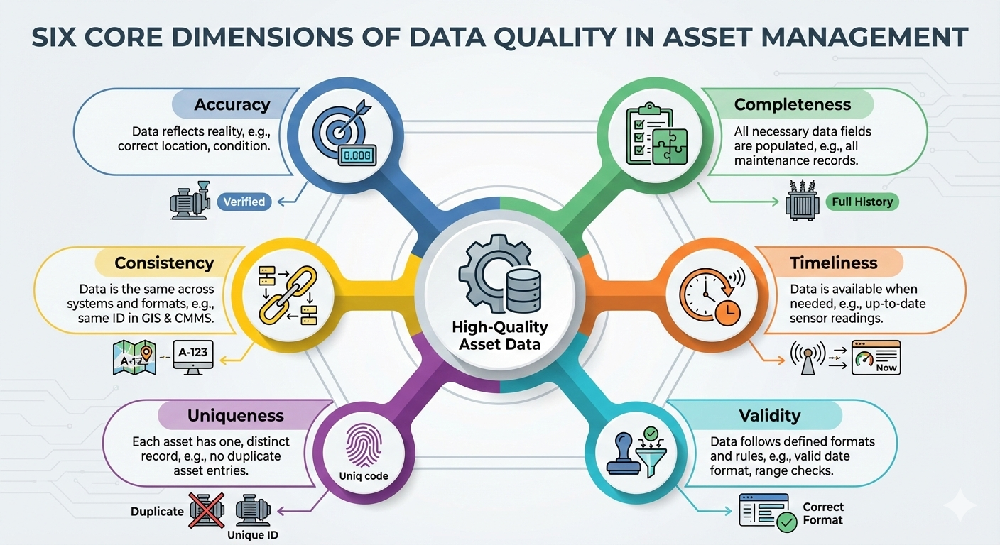 A diagram showing six key dimensions of data quality: Accuracy, Completeness, Consistency, Timeliness, Uniqueness, and Validity.