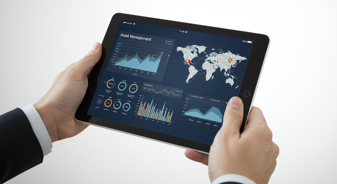 A tablet displaying a modern asset management dashboard with real-time data visualizations.