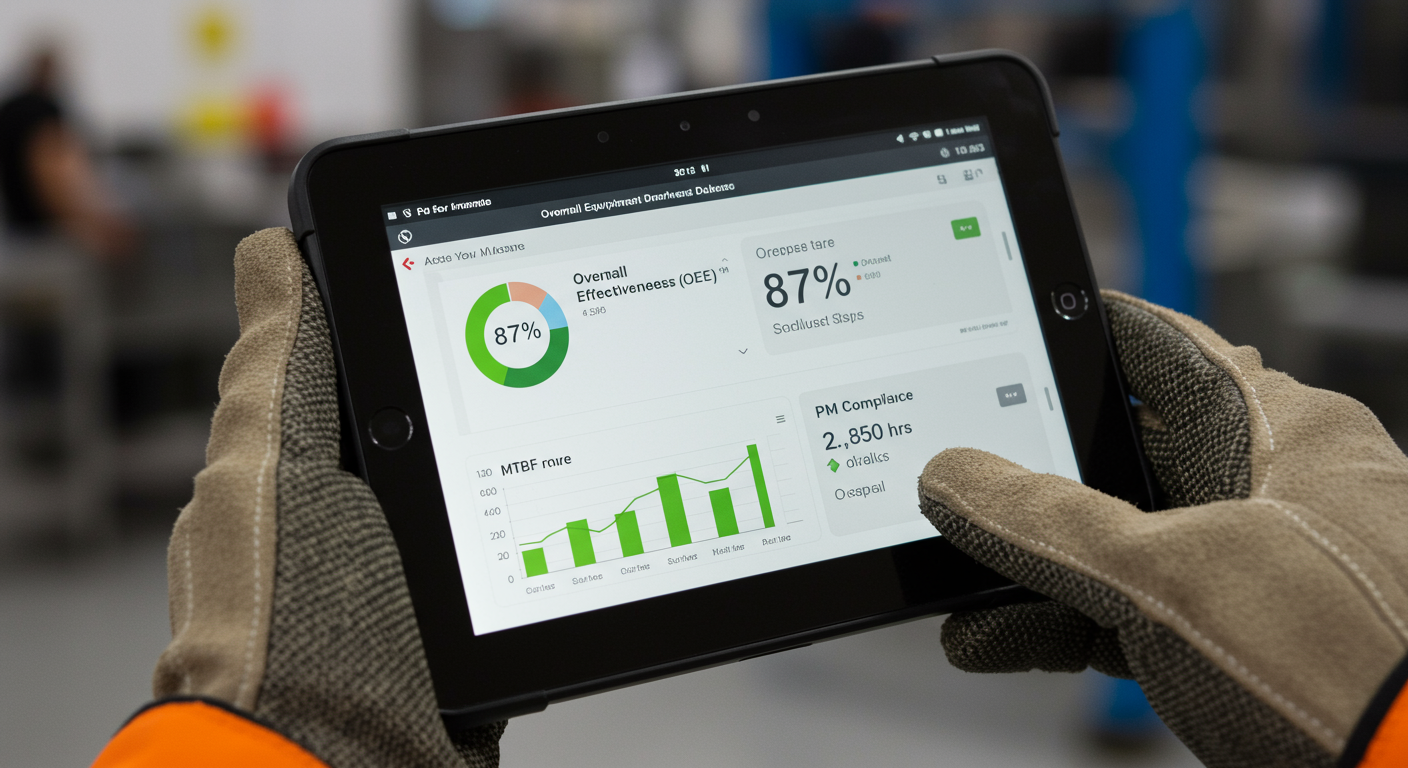 A tablet displaying an asset management dashboard with KPIs like OEE and MTBF.