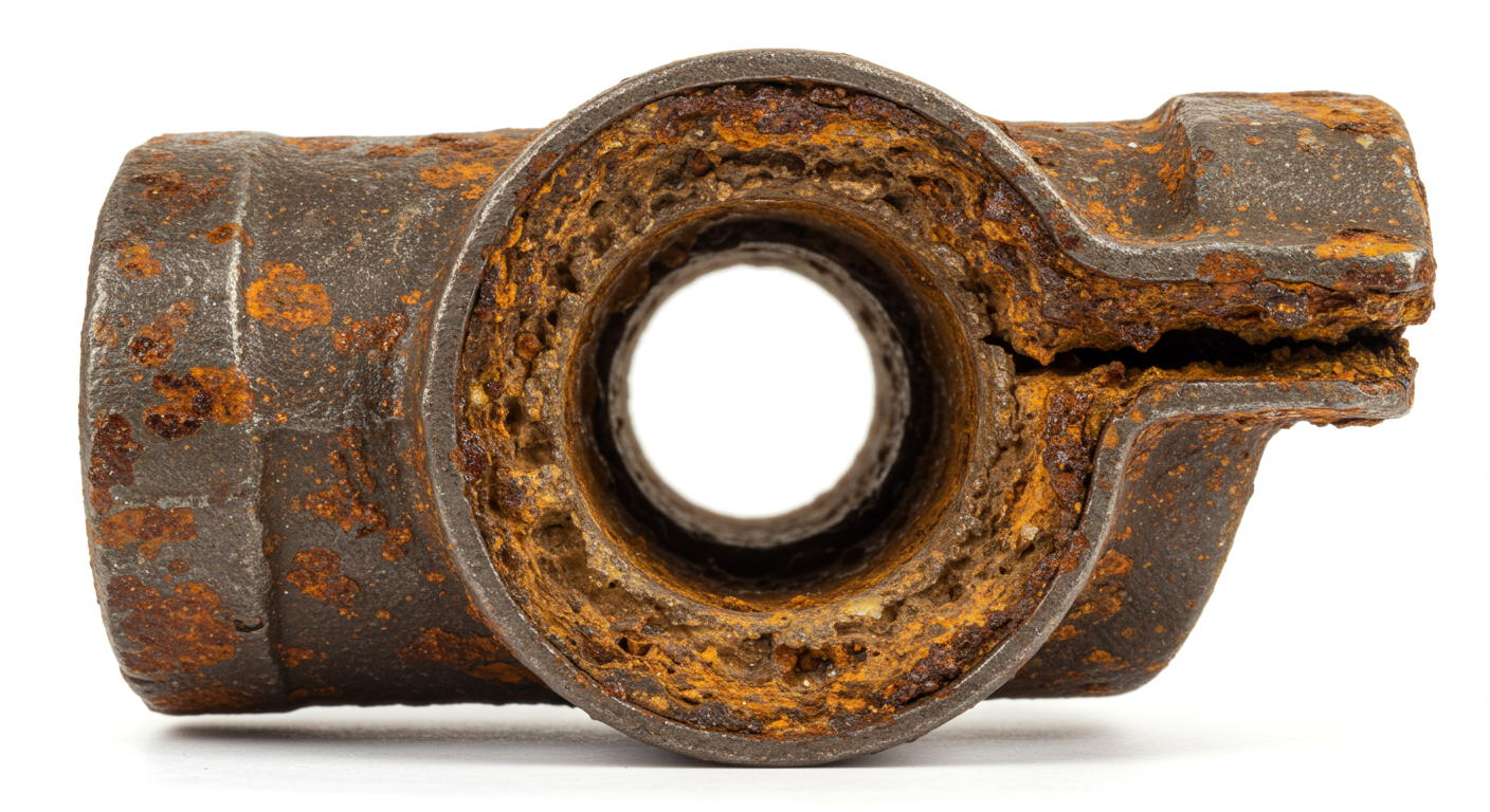 A cross-section of a heavily corroded water pipe, showing the internal diameter severely restricted by rust and buildup.