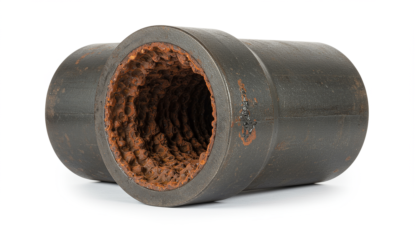 A cross-section of an old, corroded water pipe, showing significant buildup and decay on the inside.