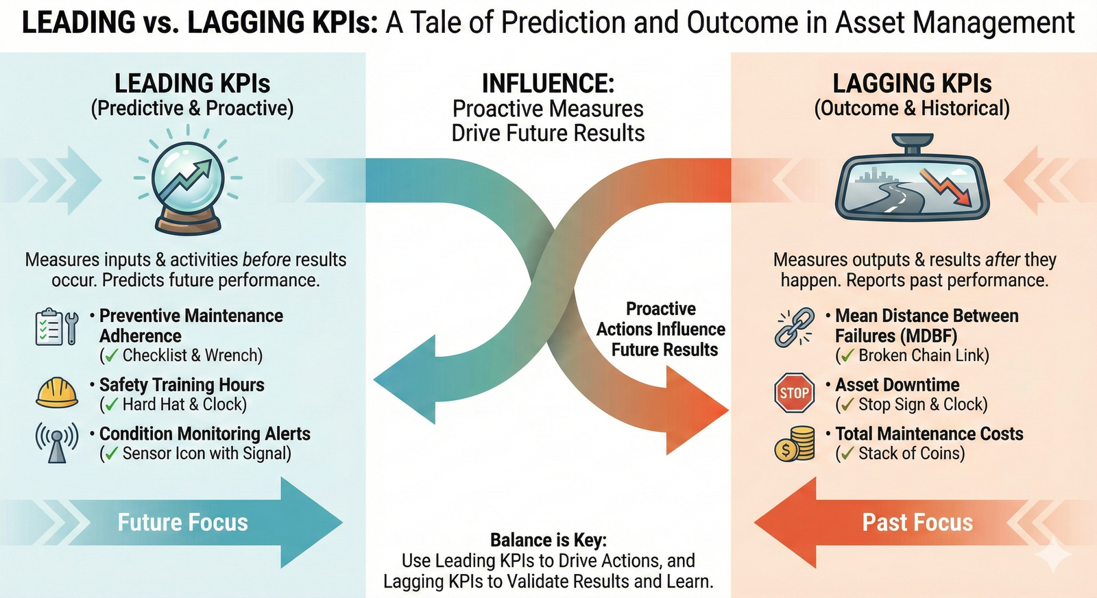 Diagram comparing leading indicators, which are predictive, to lagging indicators, which measure past results.