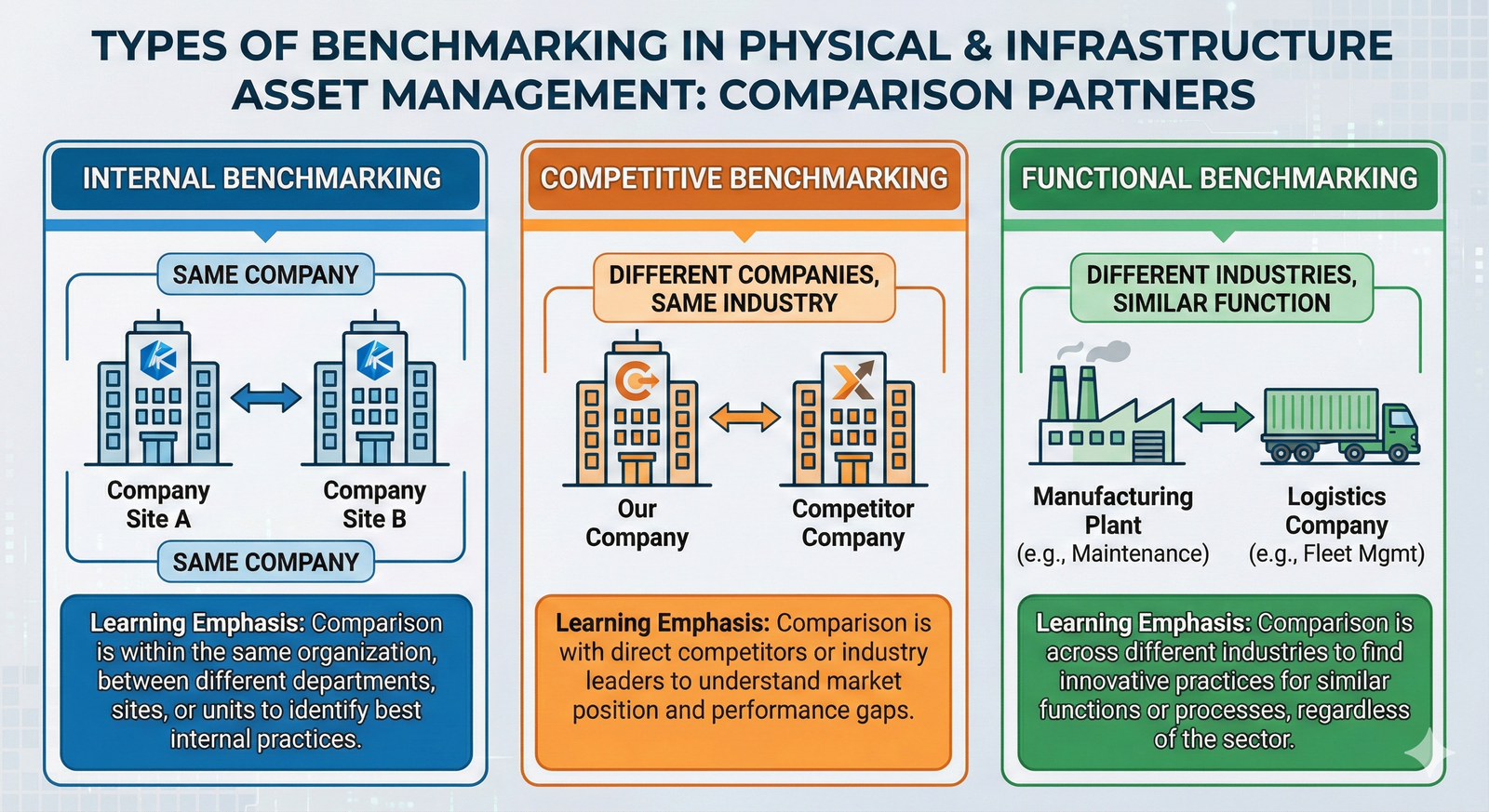 An infographic showing three types of benchmarking. Internal compares units within one organization. Competitive compares one organization to a direct competitor. Functional compares a process to a best-in-class organization in any industry.