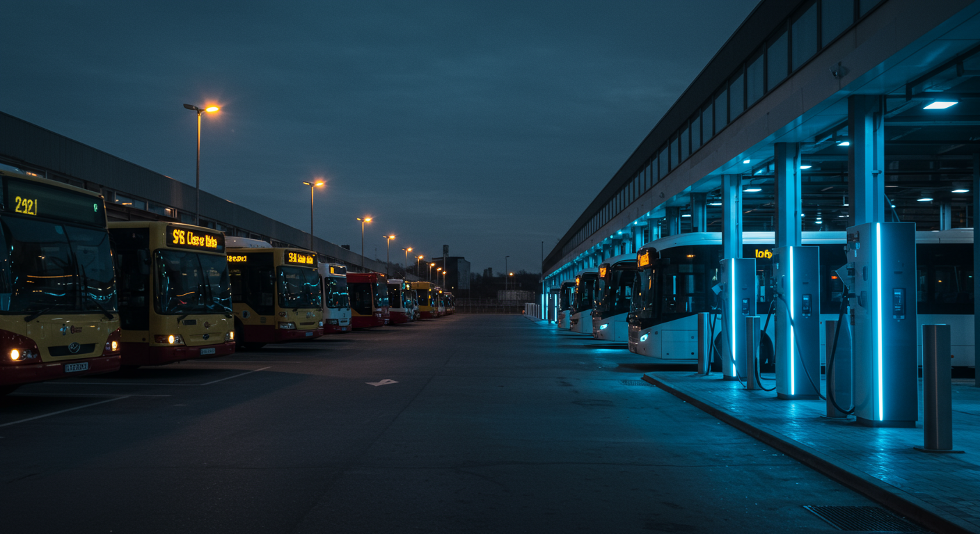 A utility worker surveys an expansive electrical grid at sunset.