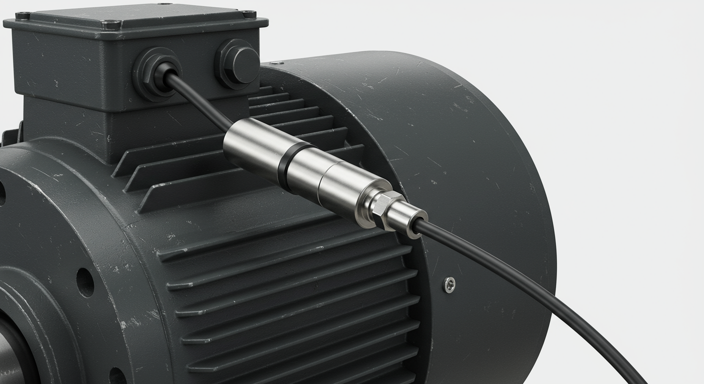 A close-up photo of a vibration sensor attached to an industrial motor.