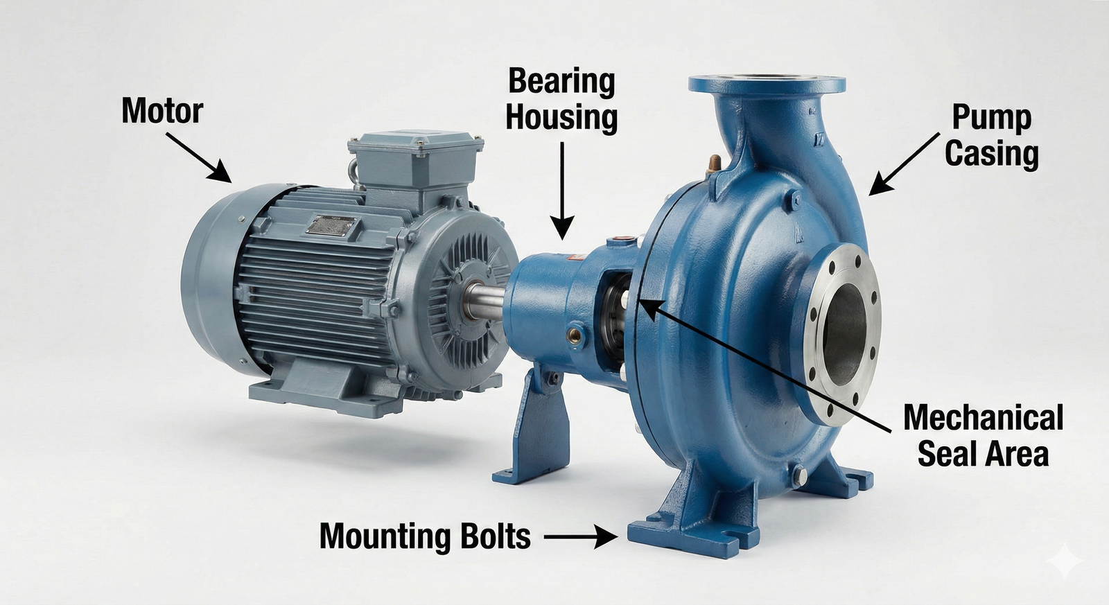 An industrial water pump with labels indicating the motor, bearing housing, pump casing, mechanical seal area, and mounting bolts.