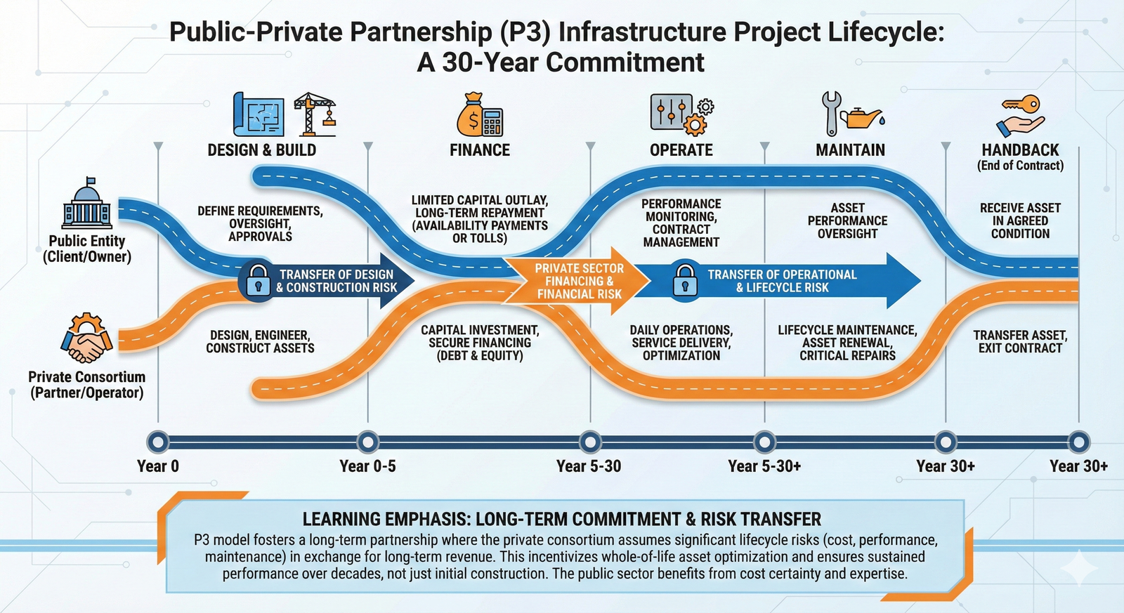An infographic showing the P3 model, where a private consortium finances, designs, builds, operates, and maintains an asset for a public entity over a long-term contract.