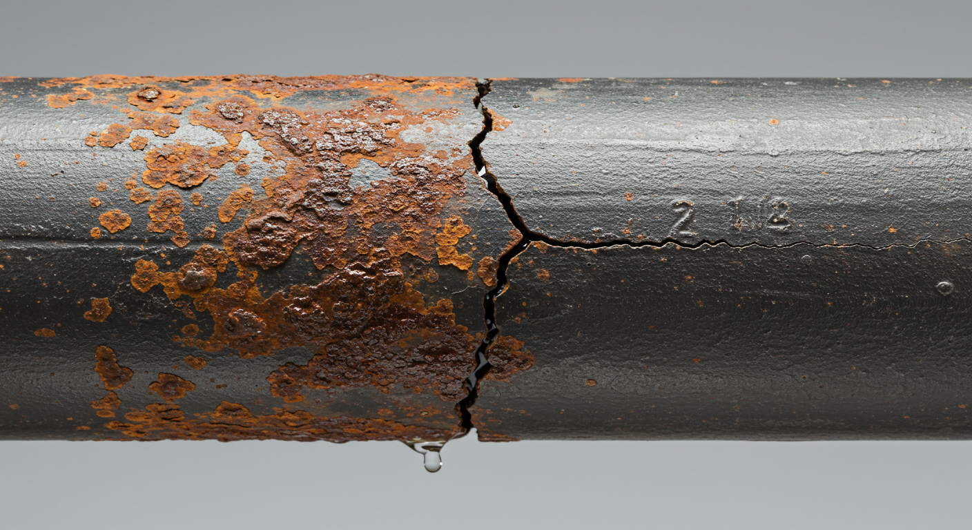 A corroded and cracked water pipe, illustrating a clear failure risk.
