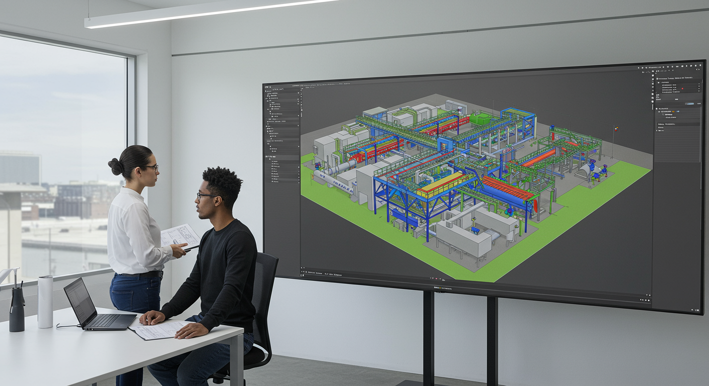 Engineers reviewing a 3D digital model of a facility, a key part of the modern planning and acquisition stage.