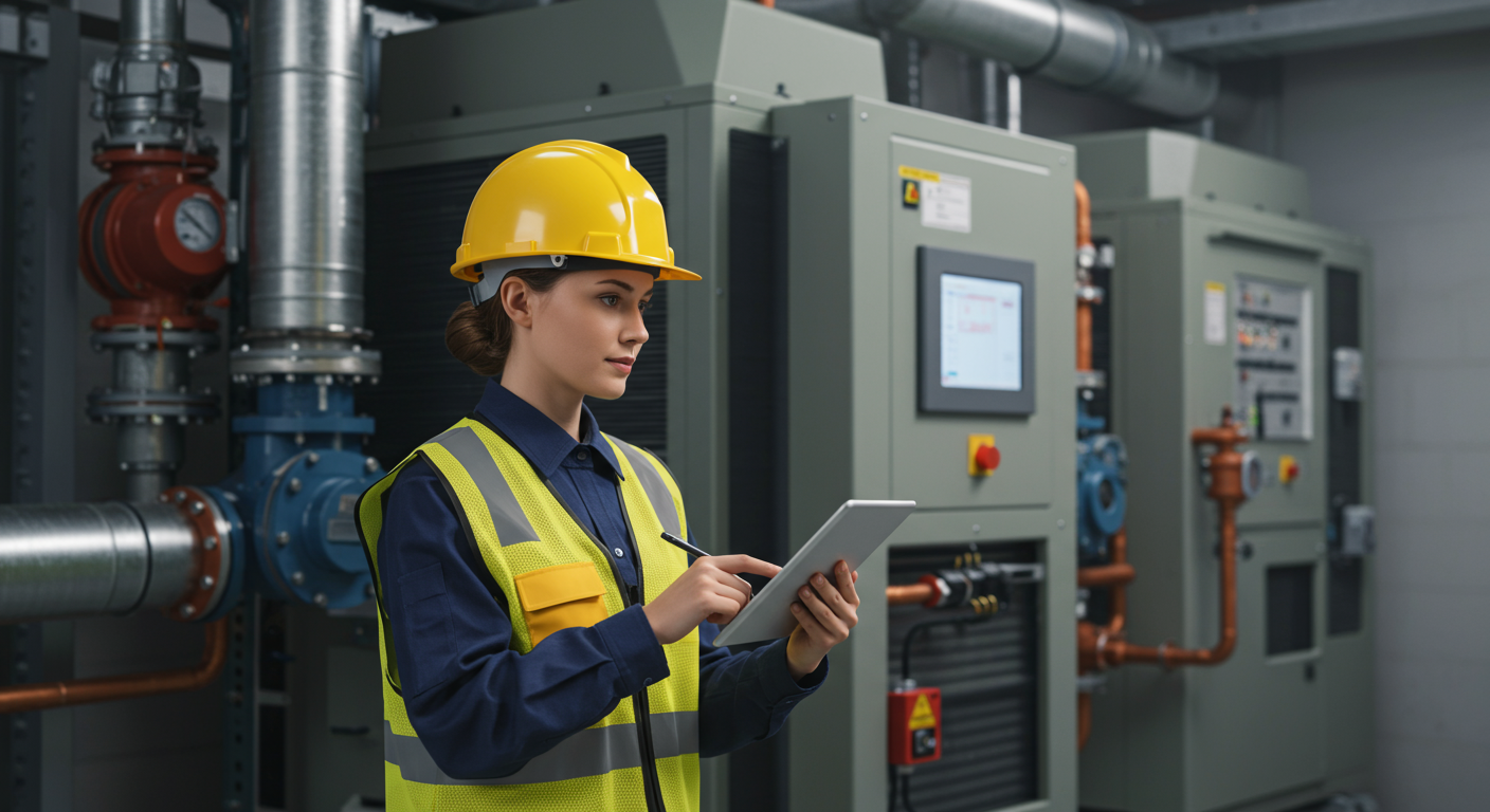 A technician performs a condition assessment on an HVAC unit, a typical O&M activity.