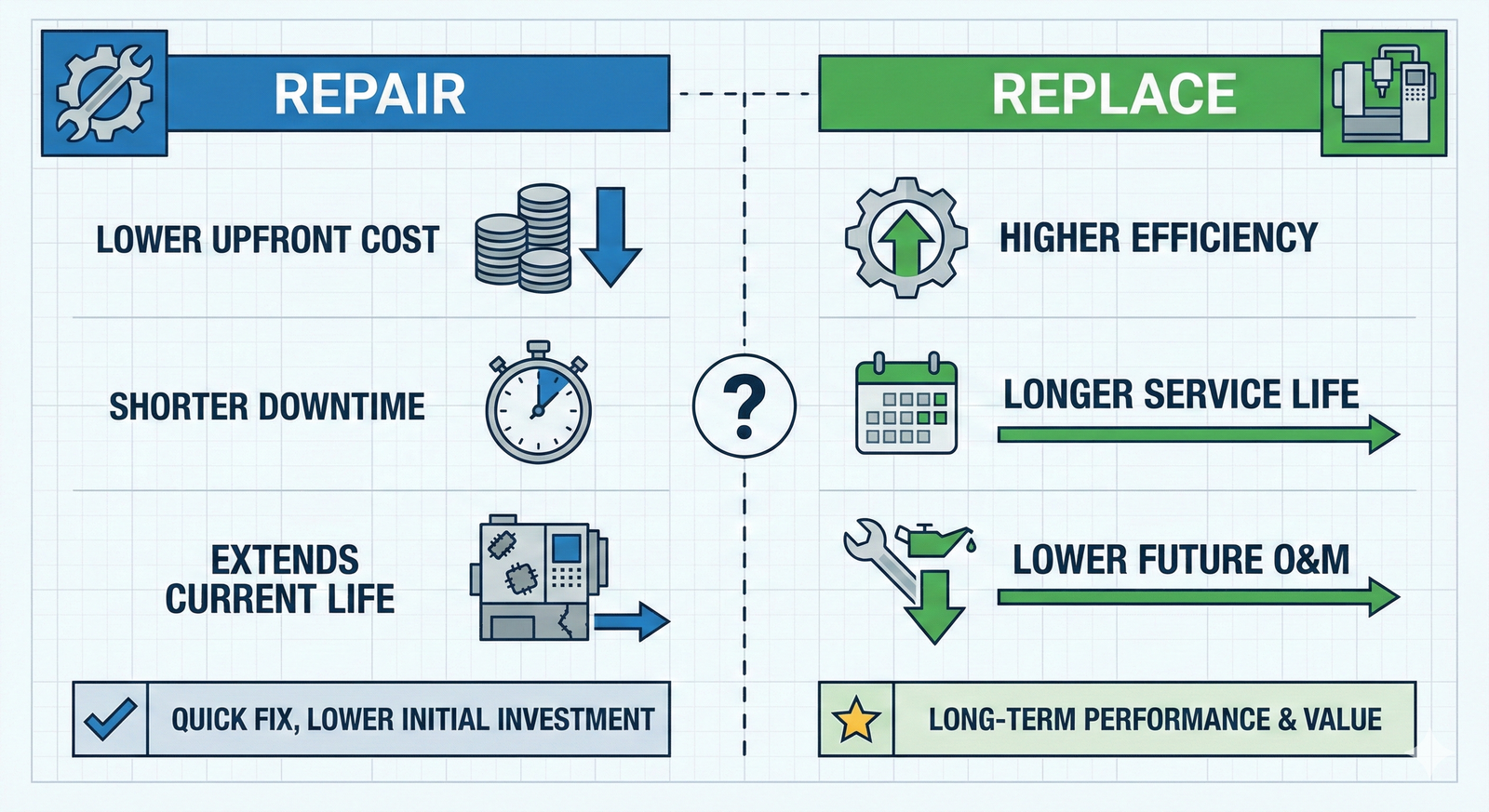 An infographic comparing the pros and cons of repairing an old asset versus replacing it with a new one.