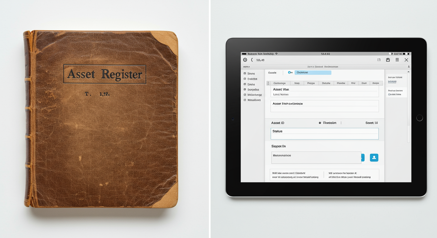 A comparison of an old paper-based asset register and a modern digital asset register on a tablet.