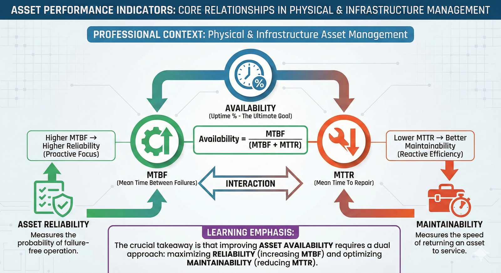 Infographic showing the relationship between key asset performance metrics like Availability, Reliability, MTBF, and MTTR.