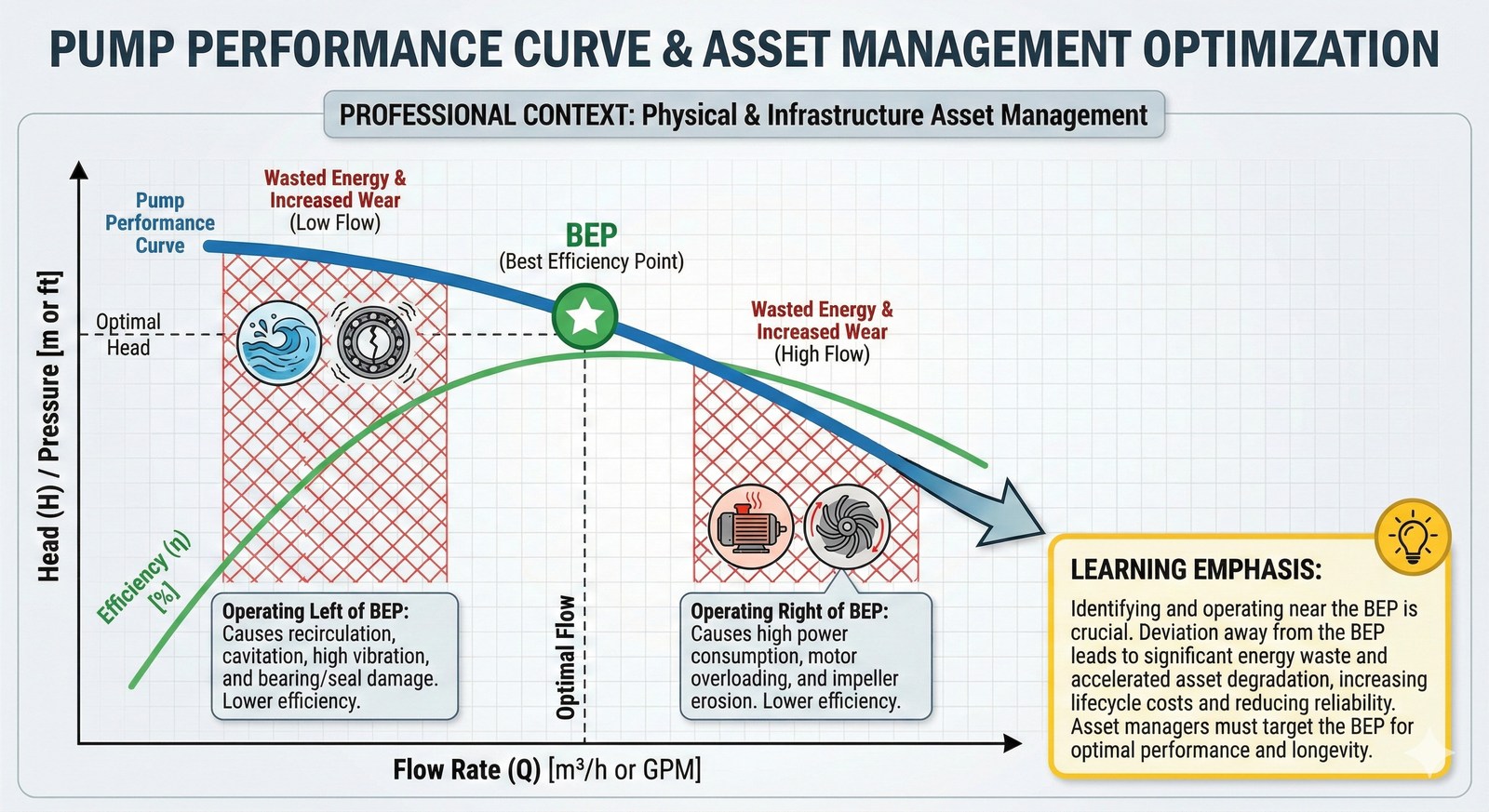 An infographic showing a typical pump performance curve, with axes for flow and head, and a clear label for the Best Efficiency Point.